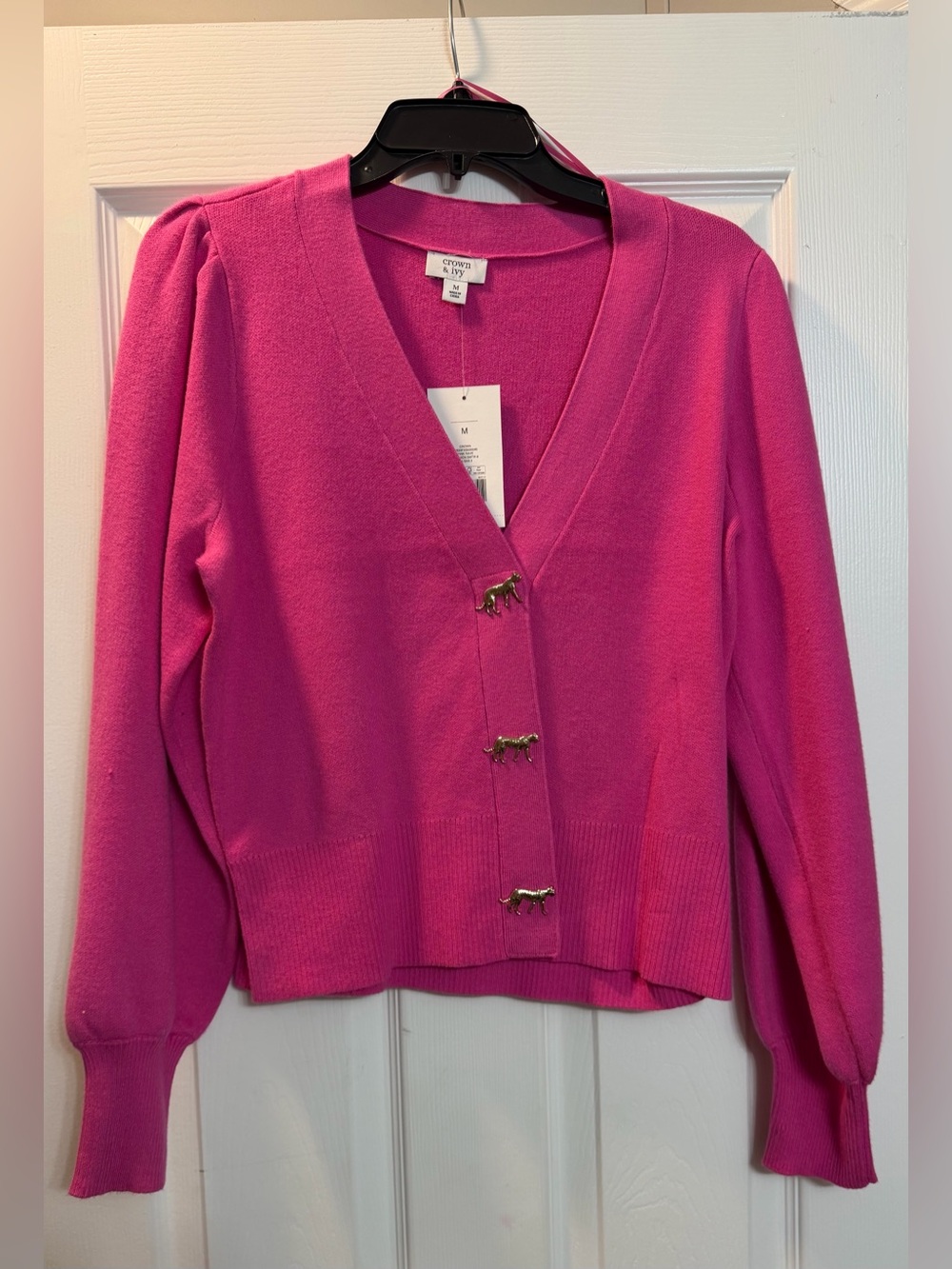 Crown & Ivy Pink V-Neck Button-Front Sweater with gold Leopard buttons